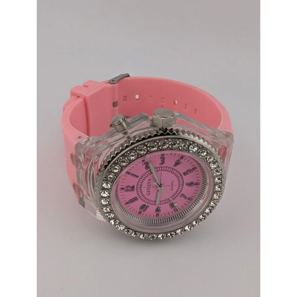Geneva Watch Women 45mm Case Light  Up Dial Pink Silicone Band- New‎ Battery
